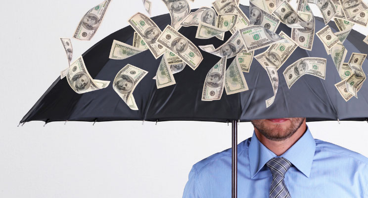 person under umbrella with money raining